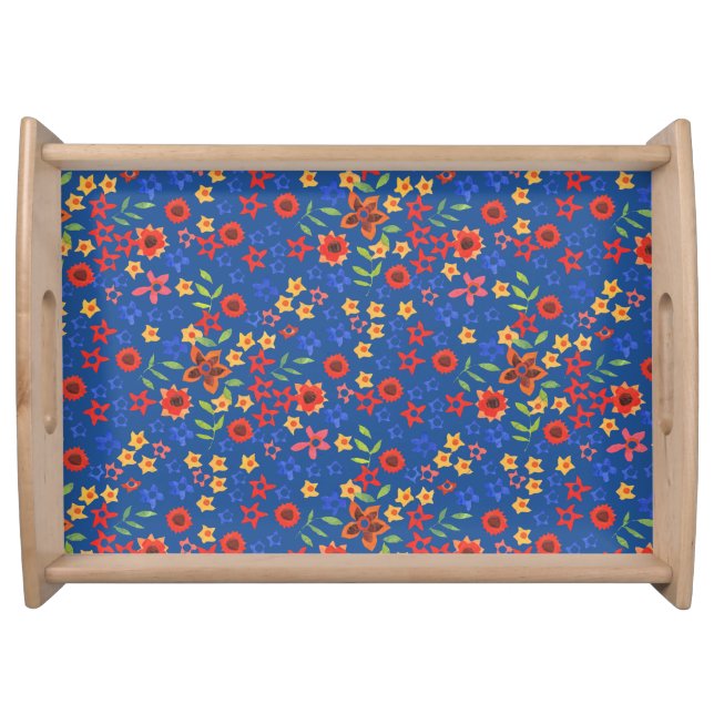 Chic Retro Floral Print on Blue Serving Tray (Front)