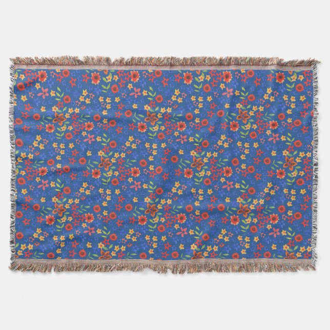 Chic Retro Floral Print on Blue Throw Blanket (Front)