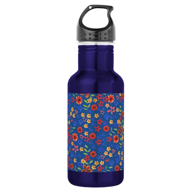 Chic Retro Floral Print on Blue Water Bottle (Front)