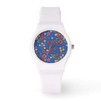 Chic Retro Floral Print on Blue Wrist Watch
