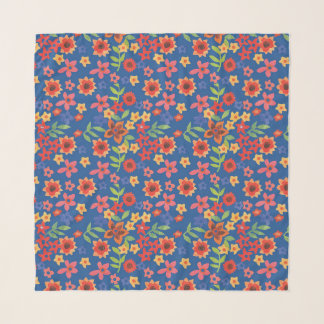 Chic Retro Floral Print on Deep Blue Scarf