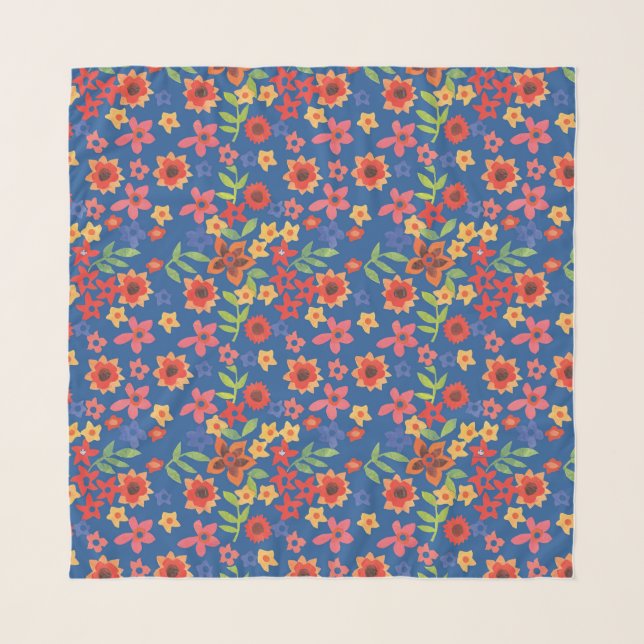 Chic Retro Floral Print on Deep Blue Scarf (Front)