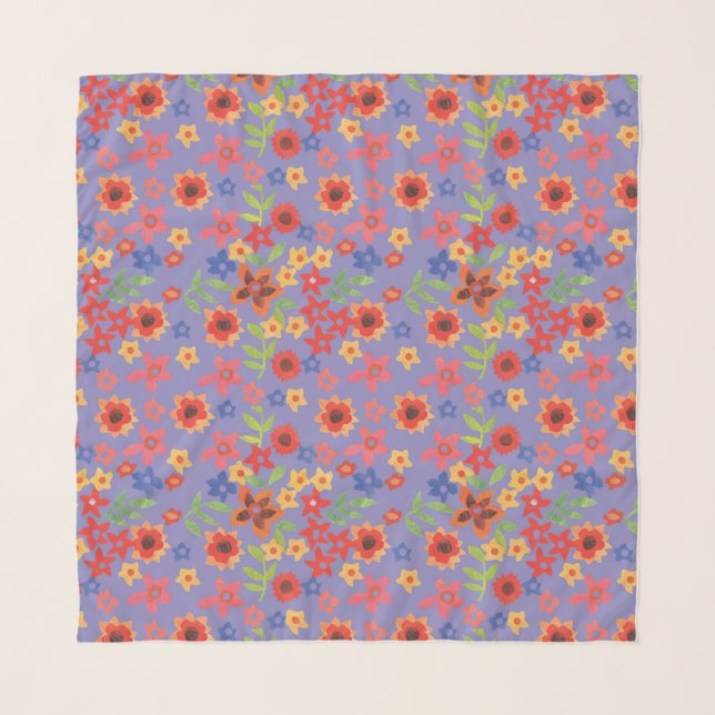 Chic Retro Floral Print on Lavender Scarf (Front)