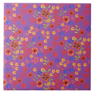 Chic Retro Floral Print on Magenta Ceramic Tile