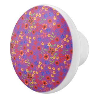 Chic Retro Floral Print on Magenta Drawer Knob