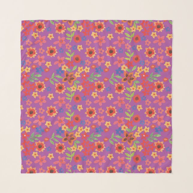 Chic Retro Floral Print on Magenta Scarf (Front)