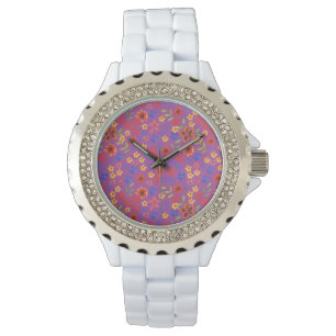 Chic Retro Floral Print on Magenta Wrist Watch