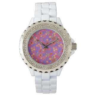 Chic Retro Floral Print on Magenta Wrist Watch