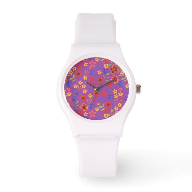 Chic Retro Floral Print on Magenta Wrist Watch (Front)