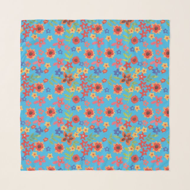 Chic Retro Floral Print on Sky Blue Scarf (Front)