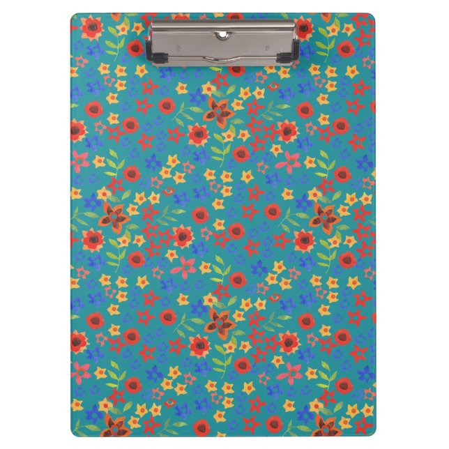 Chic Retro Floral Print on Teal Acrylic Clipboard (Front)