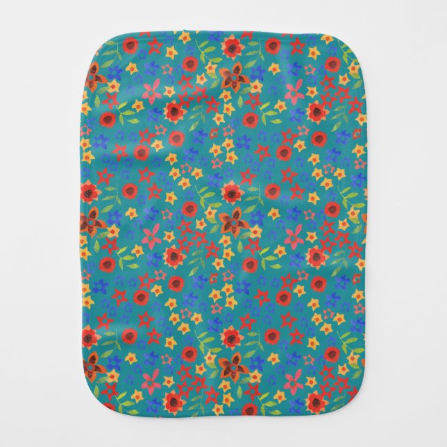 Chic Retro Floral Print on Teal Baby Burp Cloth (Front)
