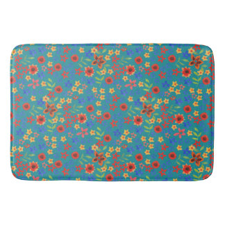 Chic Retro Floral Print on Teal Bath Mat