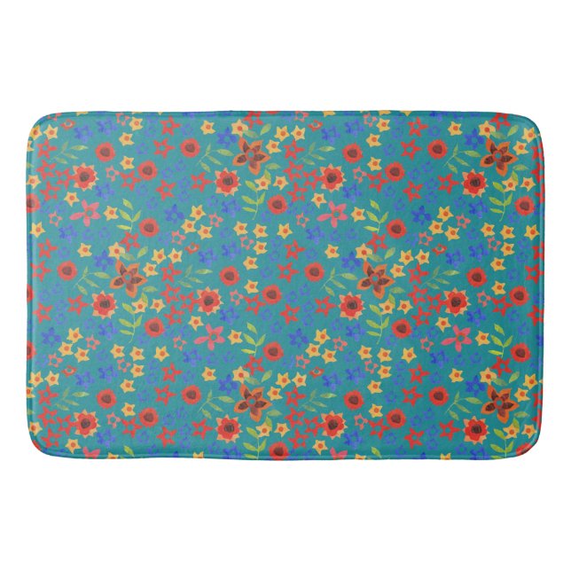 Chic Retro Floral Print on Teal Bath Mat (Front)