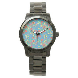 Chic Retro Floral Print on Teal Black Wrist Watch