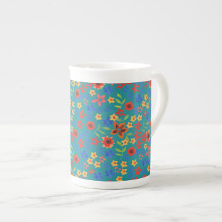 Chic Retro Floral Print on Teal Bone China Mug