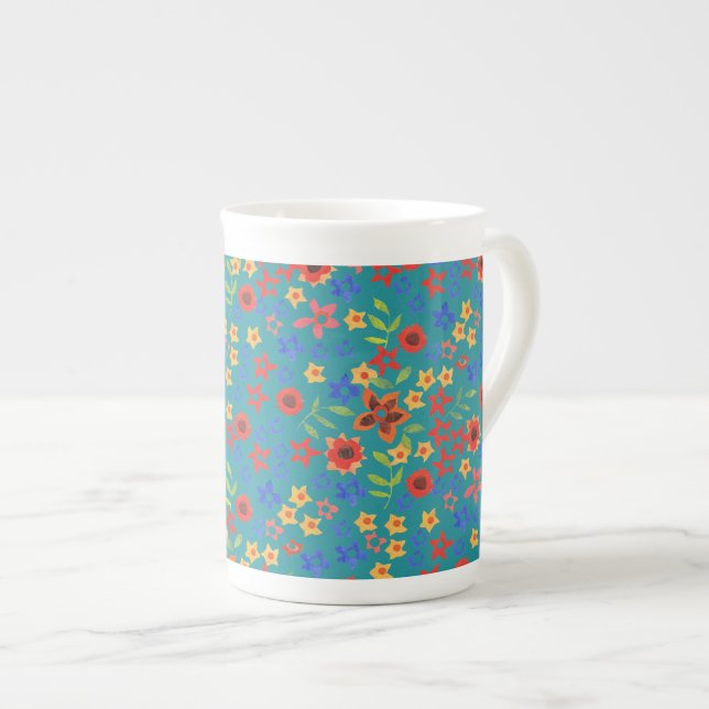 Chic Retro Floral Print on Teal Bone China Mug (Front Right)