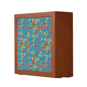 Chic Retro Floral Print on Teal Desk Organizer