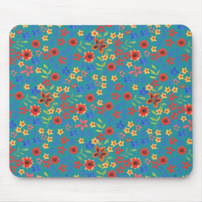Chic Retro Floral Print on Teal Mousepad (Front)