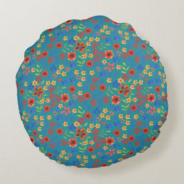 Chic Retro Floral Print on Teal Round Pillow (Back)