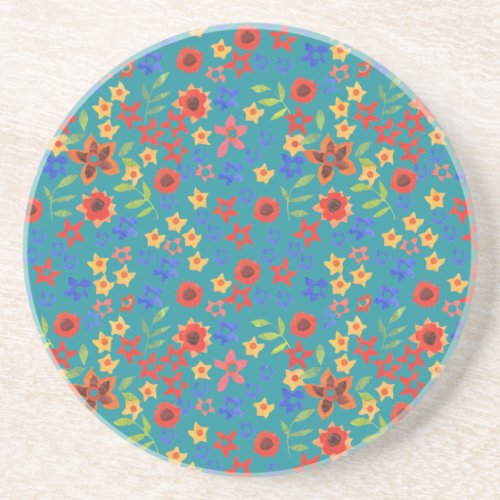 Chic Retro Floral Print on Teal Sandstone Coaster