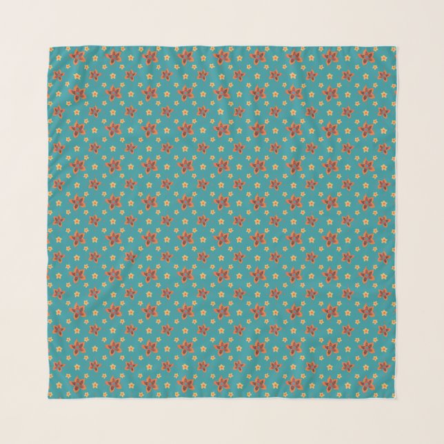 Chic Retro Floral Print on Teal Scarf (Front)