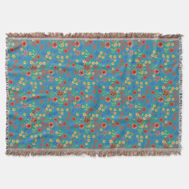Chic Retro Floral Print on Teal Throw Blanket (Front)