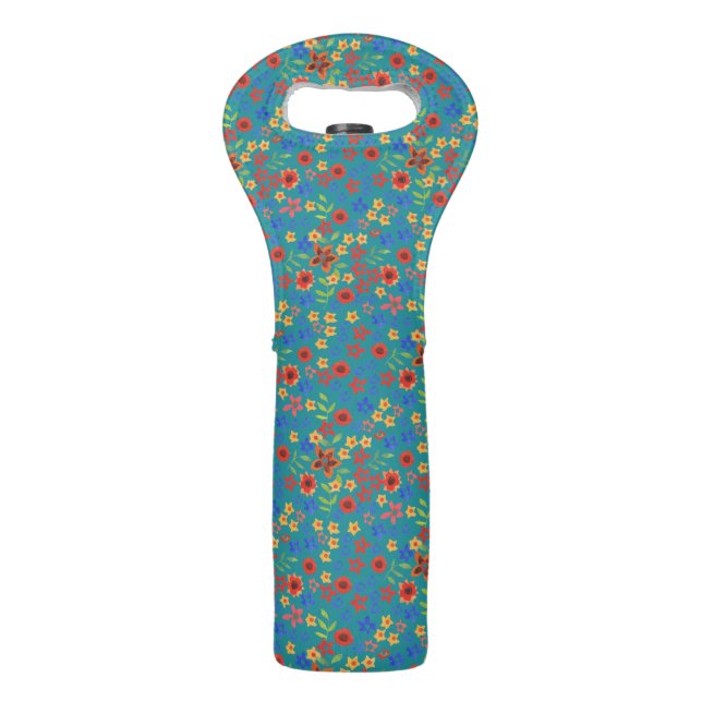 Chic Retro Floral Print on Teal Wine Tote (Back)