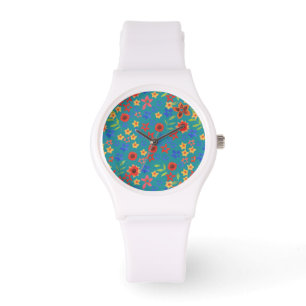 Chic Retro Floral Print on Teal Wrist Watch