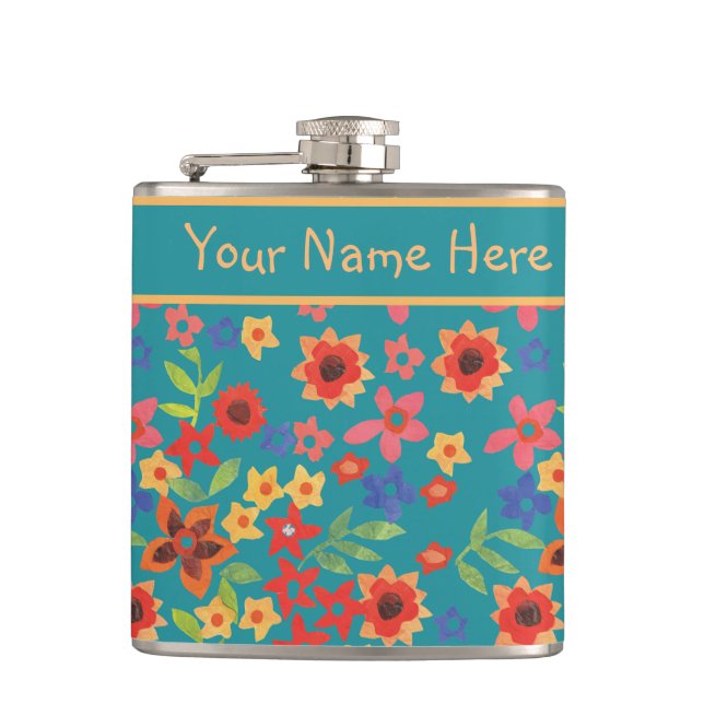 Chic Retro Floral Prints on Teal Custom Hip Flask (Front)
