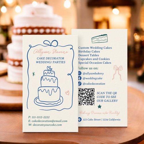 Chic Retro French Scribbles cake decorator qr code Business Card