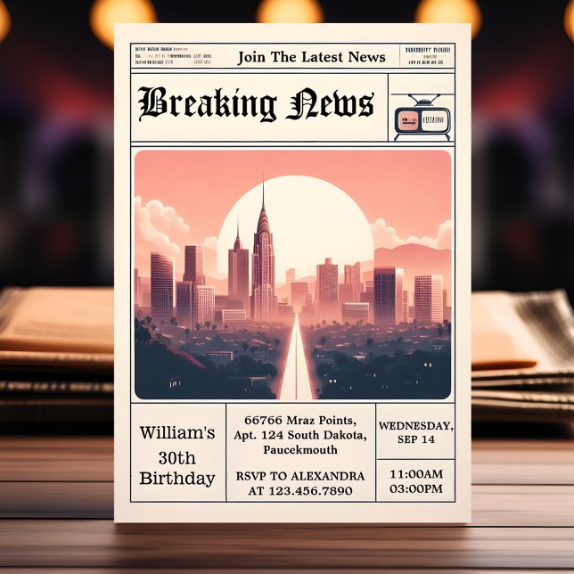 Chic Retro men Adult Newspaper 30th Birthday Invitation (Creator Uploaded)