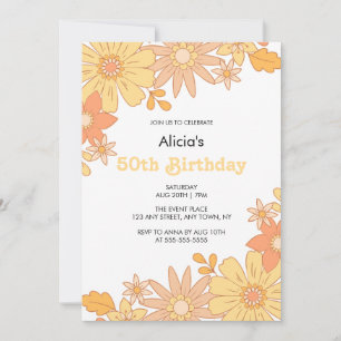 Chic Retro Orange Peach Flora Groovy 50th Birthday Invitation