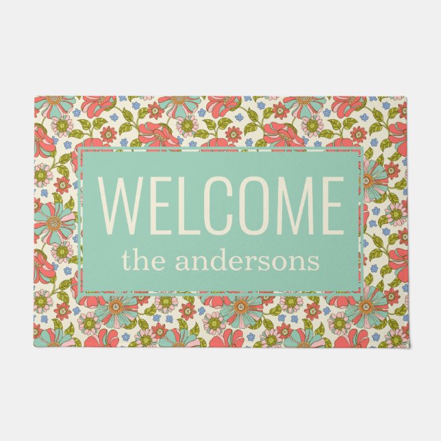 Chic Retro Pink & Aqua Floral Welcome Doormat (Front)
