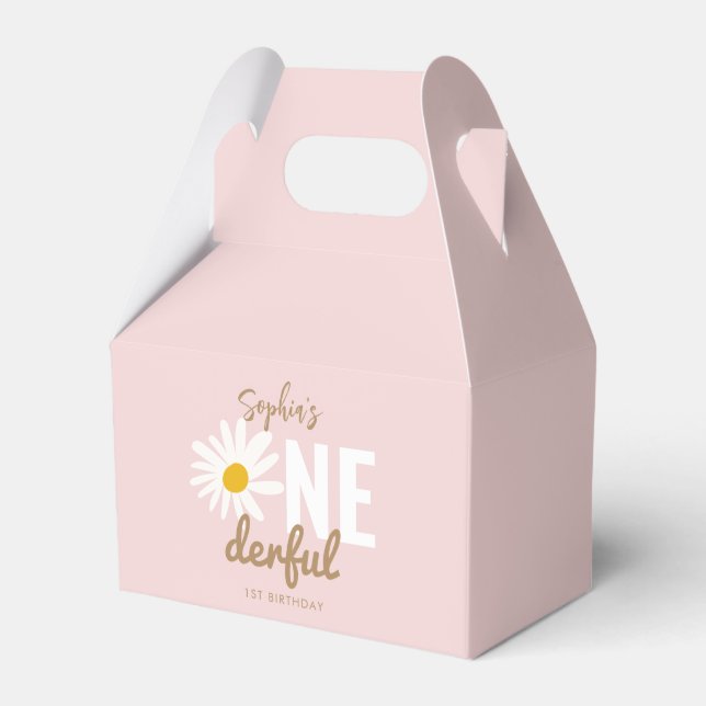 Chic Retro Pink Daisy Flower 1st Birthday Favor Boxes (Front Side)