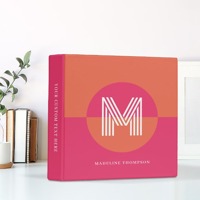 Chic Retro Pink Orange Geometric Modern Monogram 3 Ring Binder (Creator Uploaded)