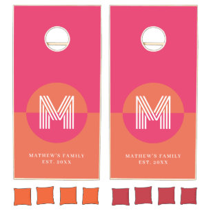 Chic Retro Pink Orange Geometric Modern Monogram Cornhole Set