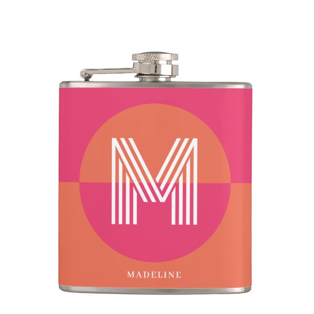 Chic Retro Pink Orange Geometric Modern Monogram Flask (Front)