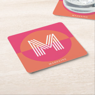Chic Retro Pink Orange Geometric Modern Monogram Square Paper Coaster