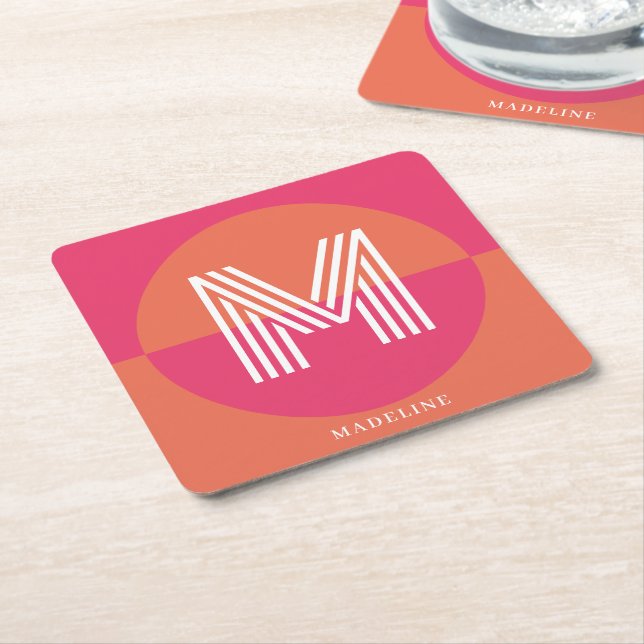Chic Retro Pink Orange Geometric Modern Monogram Square Paper Coaster (Angled)