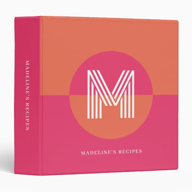 Chic Retro Pink Orange Geometric Monogram Recipe 3 Ring Binder (Front/Spine)