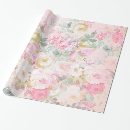 Chic Retro Pink White Watercolor Floral Pattern Wrapping Paper