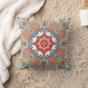 Chic Retro Red Turquoise Teal Kaleidoscope Patter Throw Pillow