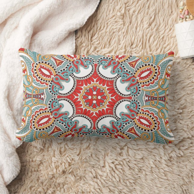 Chic Retro Red Turquoise Teal Kaleidoscope Pattern Lumbar Pillow (Blanket)