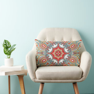 Chic Retro Red Turquoise Teal Kaleidoscope Pattern Lumbar Pillow
