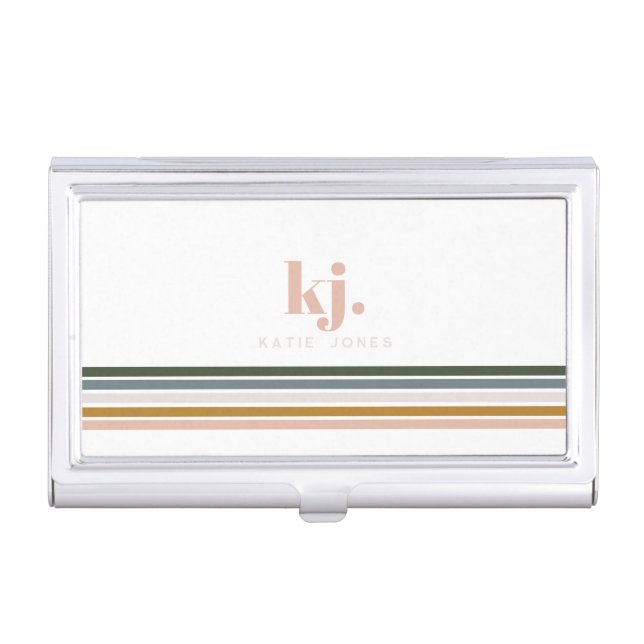 Chic Retro Stripes Monogram Business Card Case (Front)