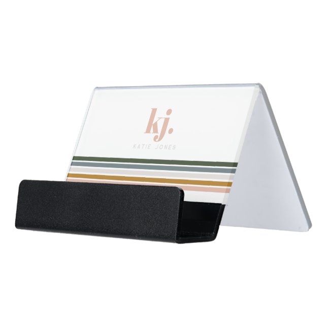 Chic Retro Stripes Monogram  Desk Business Card Holder (Angled Front)