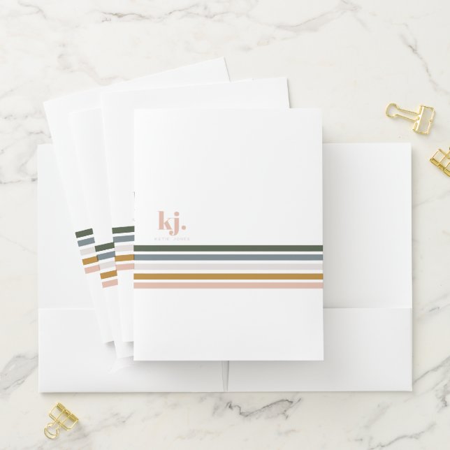 Chic Retro Stripes Monogram  Pocket Folder (In Situ)