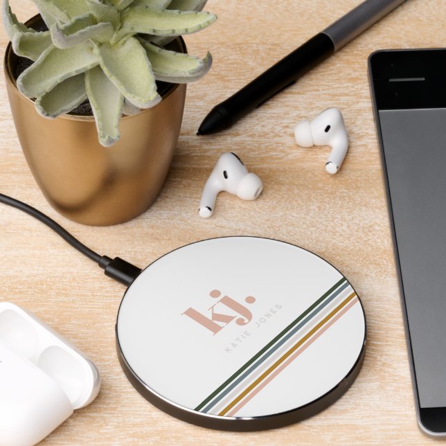 Chic Retro Stripes Monogram  Wireless Charger (Desk 2)