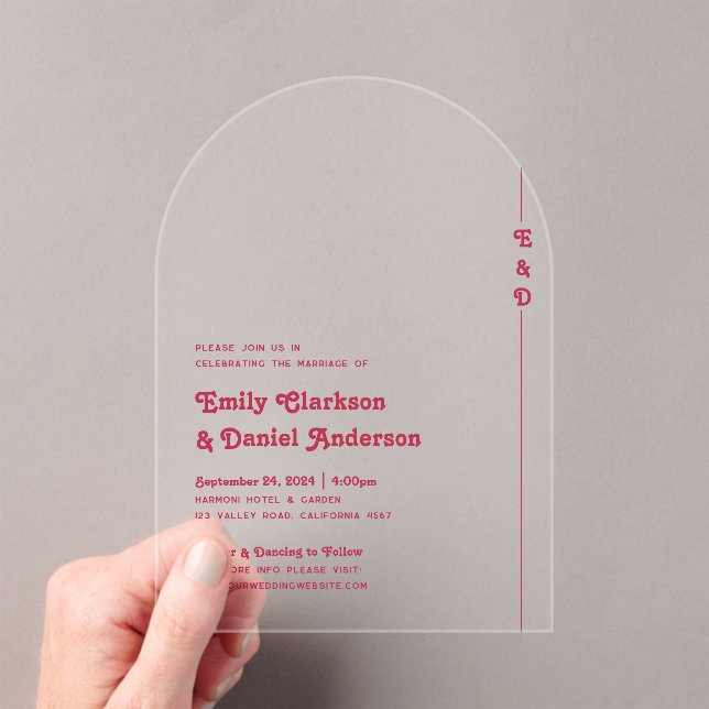 Chic Retro Summer Bright Hot Pink Monogram Wedding Acrylic Invitations (Insitu (Handheld))